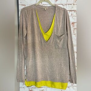 Anthropologie Bordeaux Gray V-Neck Blouse with Yellow Detail